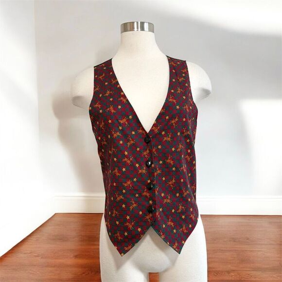 Vintage Jackets & Blazers - Vintage Westbury Christmas Holiday Plaid Deer Star Vest Medium 90s Novelty